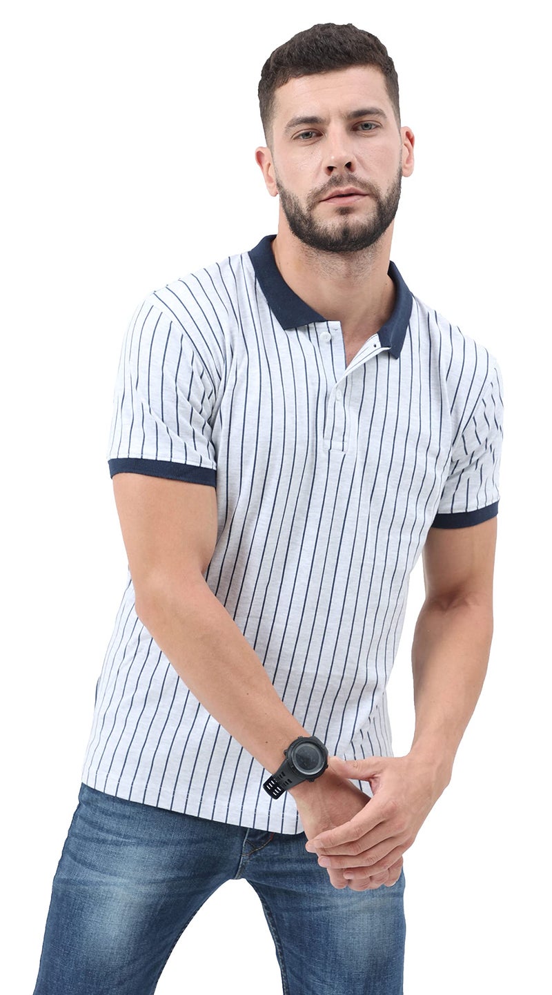 fanideaz Branded Mens Cotton Vertical Striped Polo Collar Tshirts For Men_Nb26_L, White - Image 1