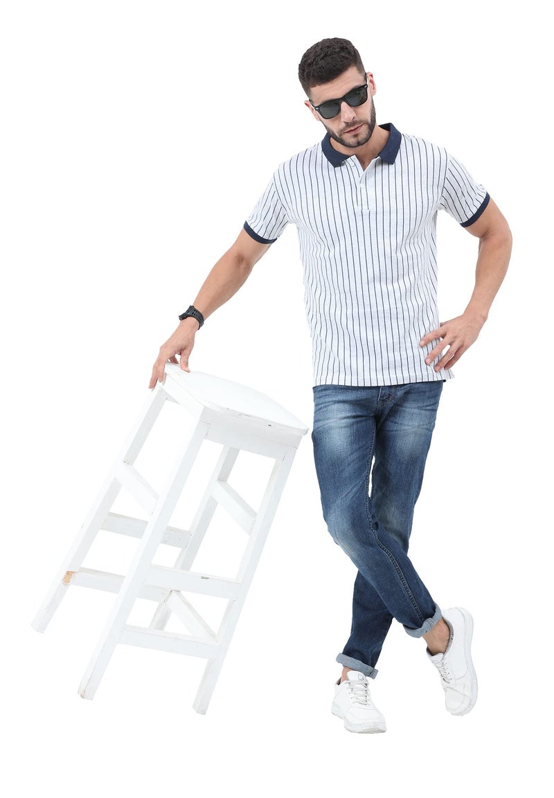 fanideaz Branded Mens Cotton Vertical Striped Polo Collar Tshirts For Men_Nb26_L, White - Image 4