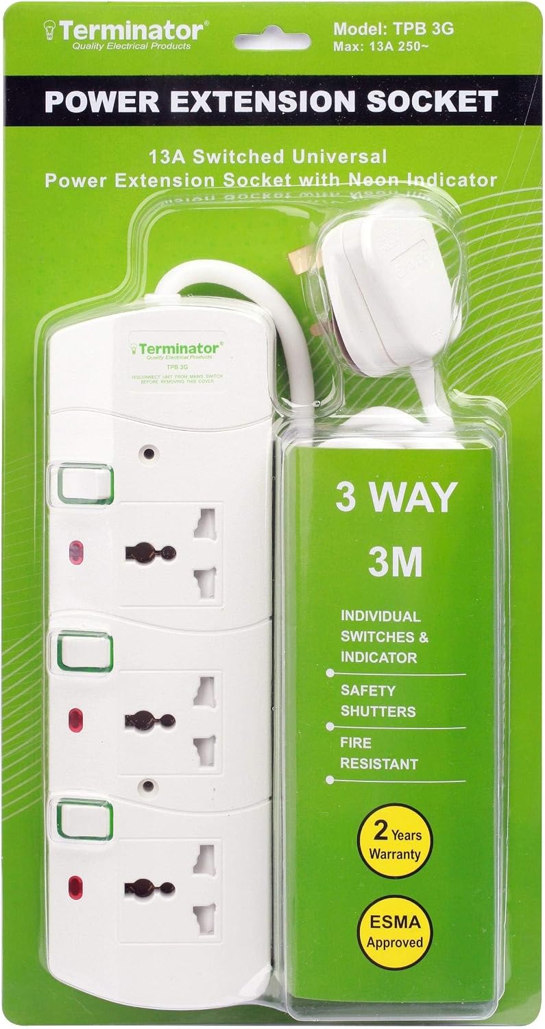 Terminator Universal Power Extension Socket, White color body & cable with individual switch 13A UK 3-pin fused plug (TPB 3G) - Image 2
