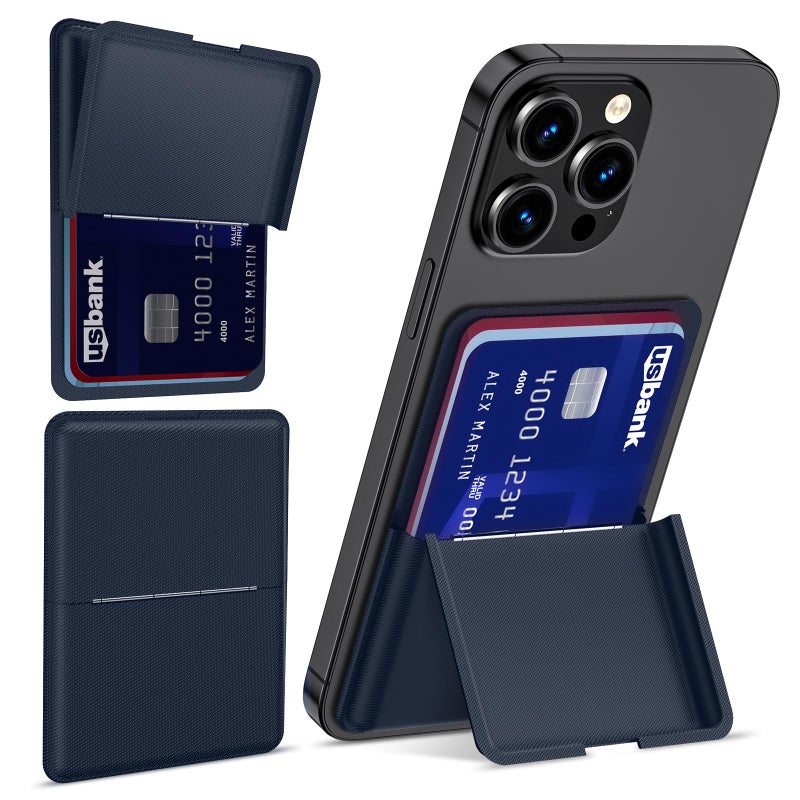 Asstar Magnetic Card Holder Compatible with MagSafe, Adjustable Wallet Stand for Apple iPhone 15/14/13/12 Series, Twill PU Leather, 3 Cards, Blue - Image 1