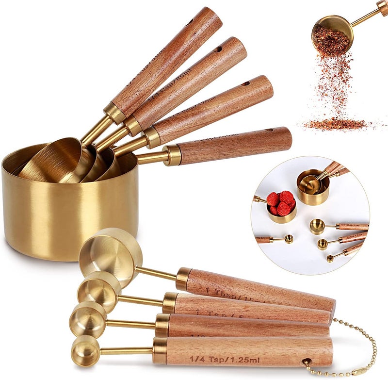 PRETTYFINE Collection 8 Piece Gold Measuring Cups Set and Measuring Spoons, Golden With fragrant wood Handles-Complete Set of Measure Cups and Spoons For Cooking and Baking.… - Image 1