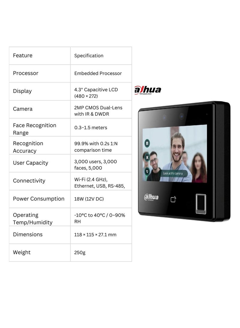 Dahua ASI3214A-W Face Recognition Access Controller – 4.3" Touchscreen, Dual-Lens Camera, Multi-Authentication (Face, Fingerprint, Card, Password), Wi-Fi & Ethernet Support – Indoor Access Control Device