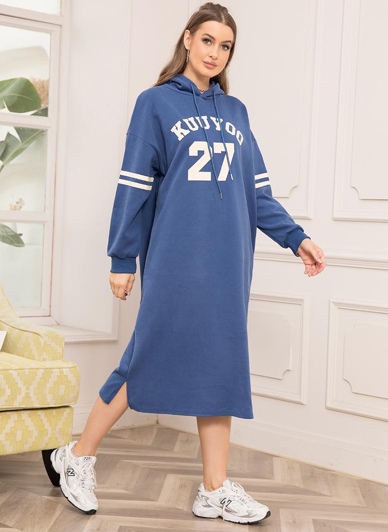 فرايديين كاجول مقنع اللون الصامد الزهور كم منتظم فساتين ميد ازرق - Image 4