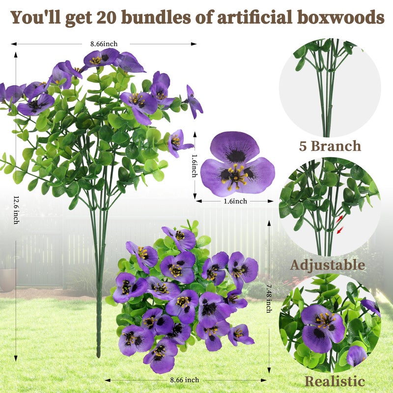 ColoPlay 20 Bundles Artificial Fake Pansy Flowers for Outdoor - Yellow, White, Purple, Sunset red & deep pink Faux Pansies Flowers, Fake Flowers for Outdoor Planters, Porch, Garden, and Home Decoration - Image 2