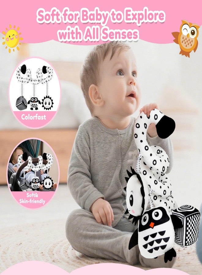 kizh Baby Hanging Stroller and Car Seat Toys High Contrast Baby Toys for Newborn Black and White Sensory Plush Activity Toy for Babies 0-6 Months-OWL - Image 4