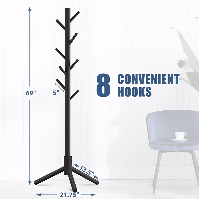 Haddockway Wooden Coat Rack Stand with 8 Hooks New Zealand Pine 3 Adjustable Coat Standing Tree Easy Assembly for Coats, Hats, Scarves and Handbags for Entryway, Hallway, Bedroom, Office - Image 1