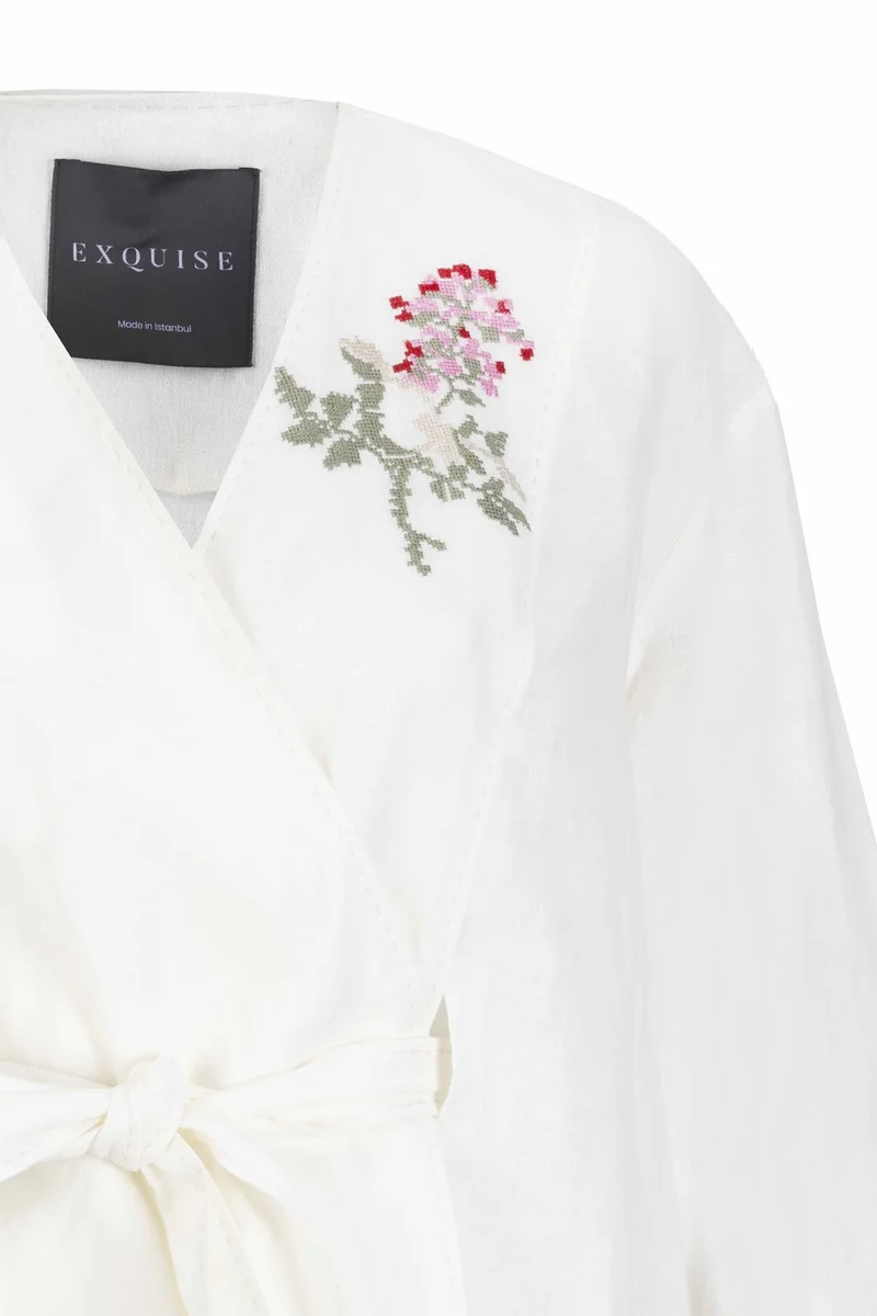 EXQUISE Self-fabric belted embroidered relaxed fit jacket