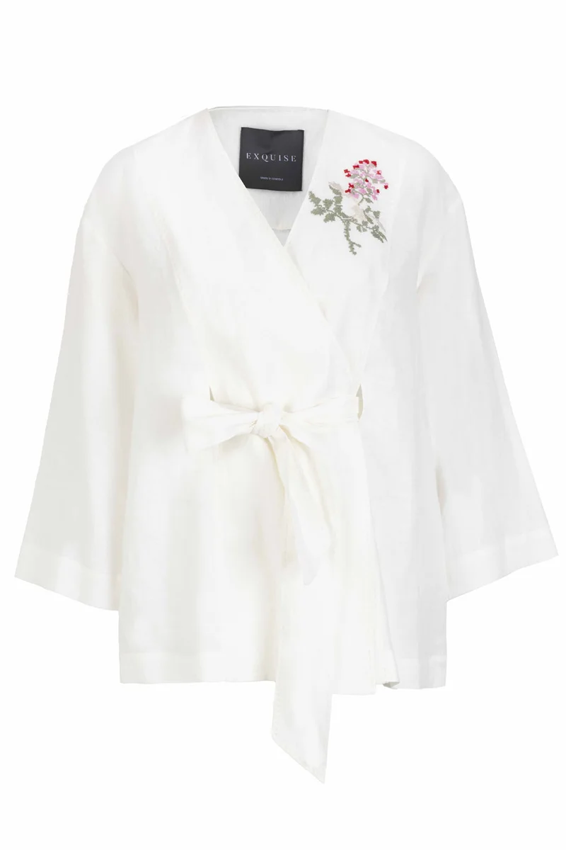 EXQUISE Self-fabric belted embroidered relaxed fit jacket