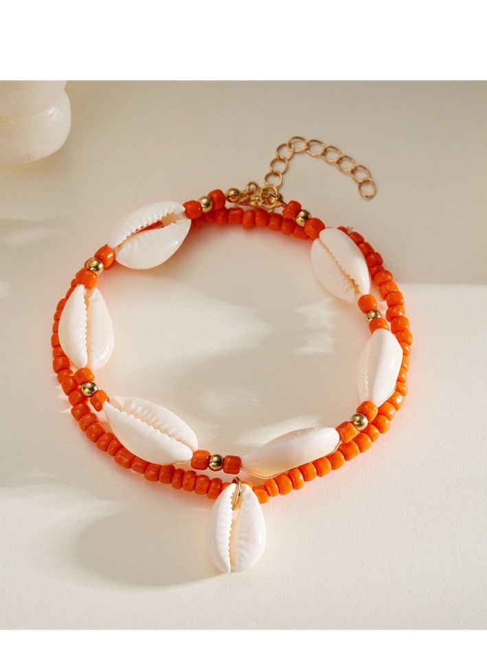Bohemian style layered shell ankle chain for girls, high-end feeling, summer beach, rice bead shell ankle chain