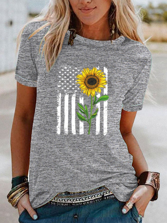 wish flag sunflower pattern printed contrast short sleeve T-shirt for women - Image 1