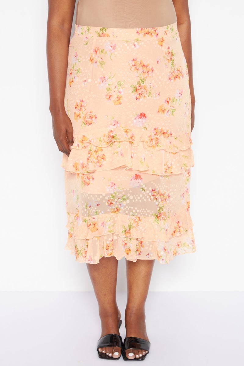 Dark Pink Women Plus Size Floral Midi Skirt, Pink Combo - Image 1