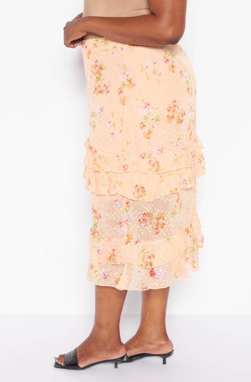 Dark Pink Women Plus Size Floral Midi Skirt, Pink Combo - Image 3