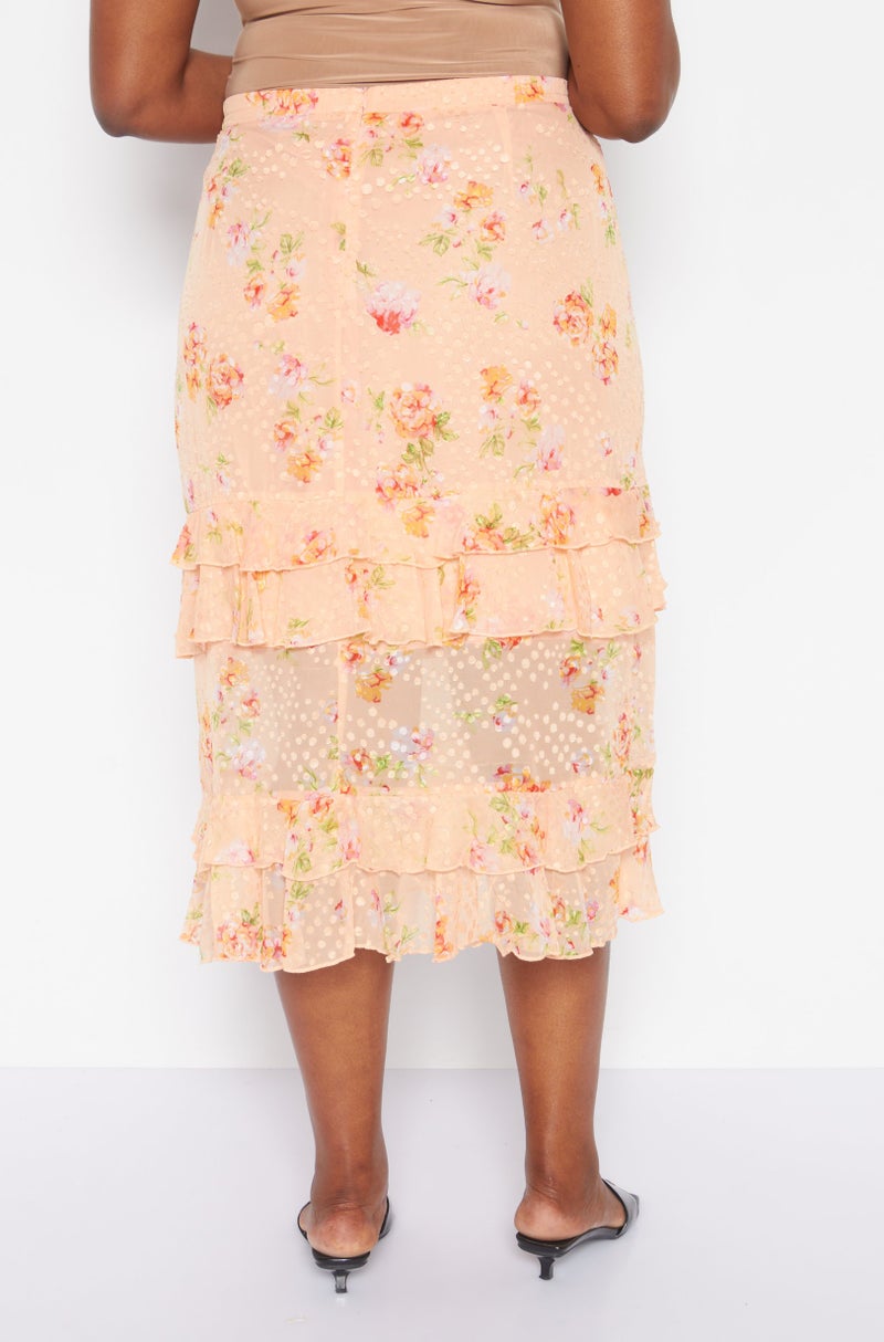 Dark Pink Women Plus Size Floral Midi Skirt, Pink Combo - Image 4