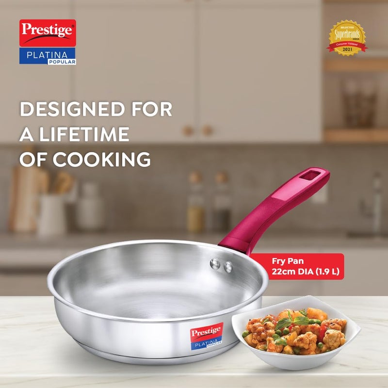 Prestige Platina Popular Stainless Steel Unique Impact Forged Bottom Fry Pan 22cm (1.9 L) (Silver) - Image 2