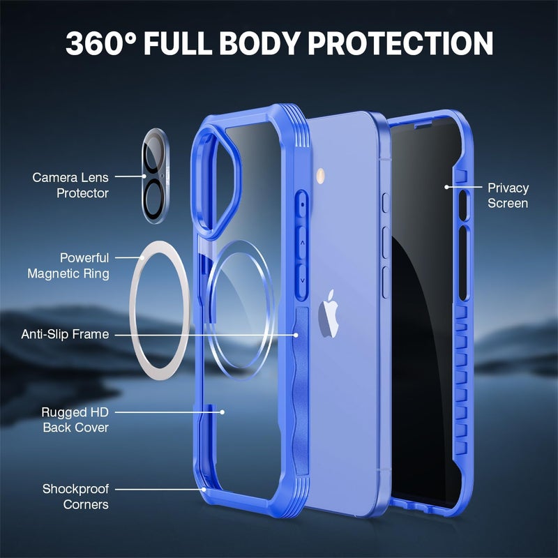 CENHUFO Magnetic anti-spy case for iPhone 16, compatible with MagSafe built-in tempered glass screen protector and camera protector, shockproof phone case cover double case – light blue Small apartment fit - Image 3