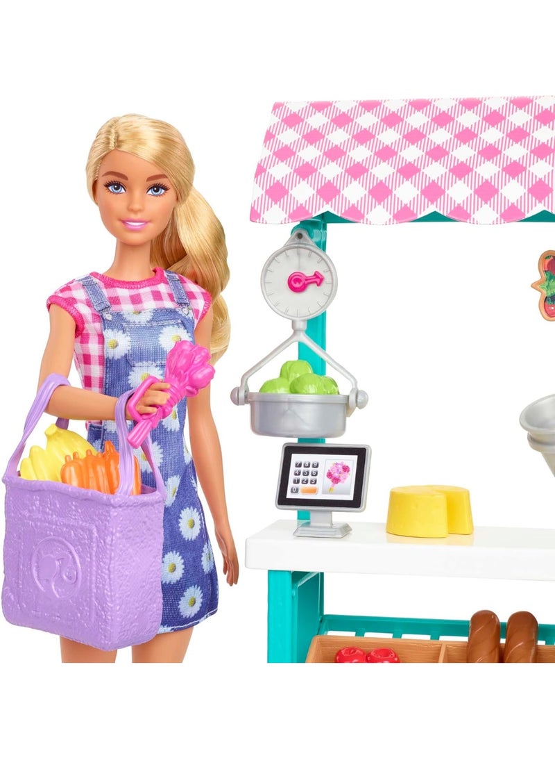 Barbie Farmers Market Playset, Barbie Doll (Blonde), Market Stand, Register, Vegetables, Bread, Flowers & More, 3 & Up - Image 3