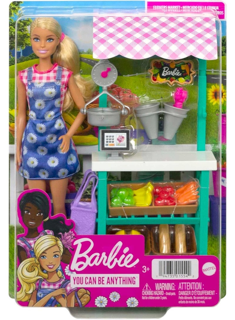 Barbie Farmers Market Playset, Barbie Doll (Blonde), Market Stand, Register, Vegetables, Bread, Flowers & More, 3 & Up - Image 1