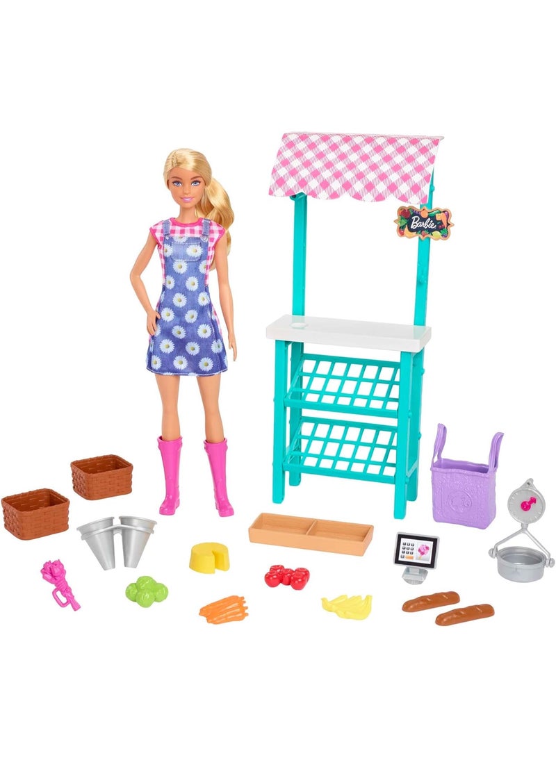 Barbie Farmers Market Playset, Barbie Doll (Blonde), Market Stand, Register, Vegetables, Bread, Flowers & More, 3 & Up - Image 2
