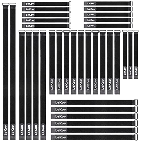 Lekou 35 Pack Cable Straps,8"-12"-18"-24"-30" Reusable Cable Ties, Hook and Loop with Metal Buckle, Fastening Securing for Cord Organizer Wire Management - Image 1