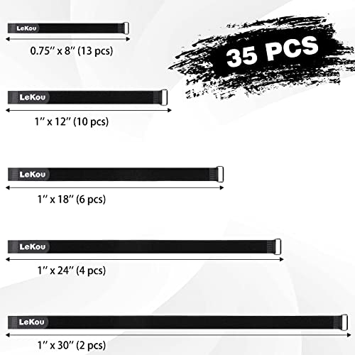 Lekou 35 Pack Cable Straps,8"-12"-18"-24"-30" Reusable Cable Ties, Hook and Loop with Metal Buckle, Fastening Securing for Cord Organizer Wire Management - Image 2