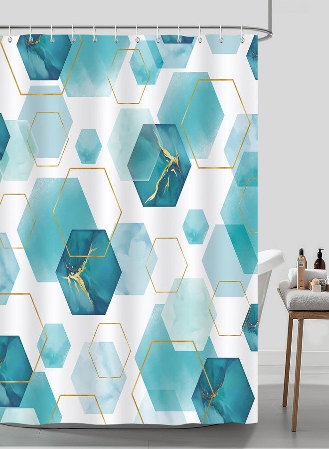 Bonhause Teal Shower Curtain, Modern Geometric Art Blue Gold Hexagon Abstract Bathroom Decor 72 x 72 Inch Polyester Fabric Waterproof Bath Curtain with 12 Hooks - Image 2