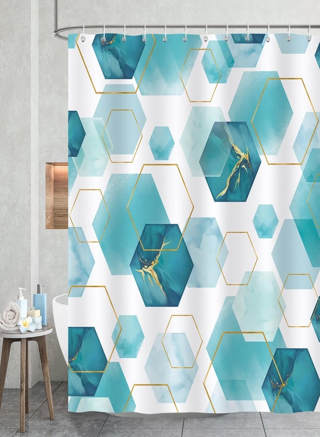 Bonhause Teal Shower Curtain, Modern Geometric Art Blue Gold Hexagon Abstract Bathroom Decor 72 x 72 Inch Polyester Fabric Waterproof Bath Curtain with 12 Hooks - Image 1