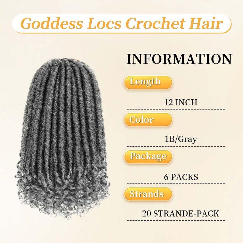 MODERN QUEEN Goddess Locs Crochet Hair 6 Packs 12 Inch Straight Faux Locs Crochet Hair for Black Women, Crochet Pre-Looped Curly Hair Soft Faux Locs Synthetic Braiding Hair Extensions (12 Inch, 6 Packs, 1B-Gray#) - Image 2