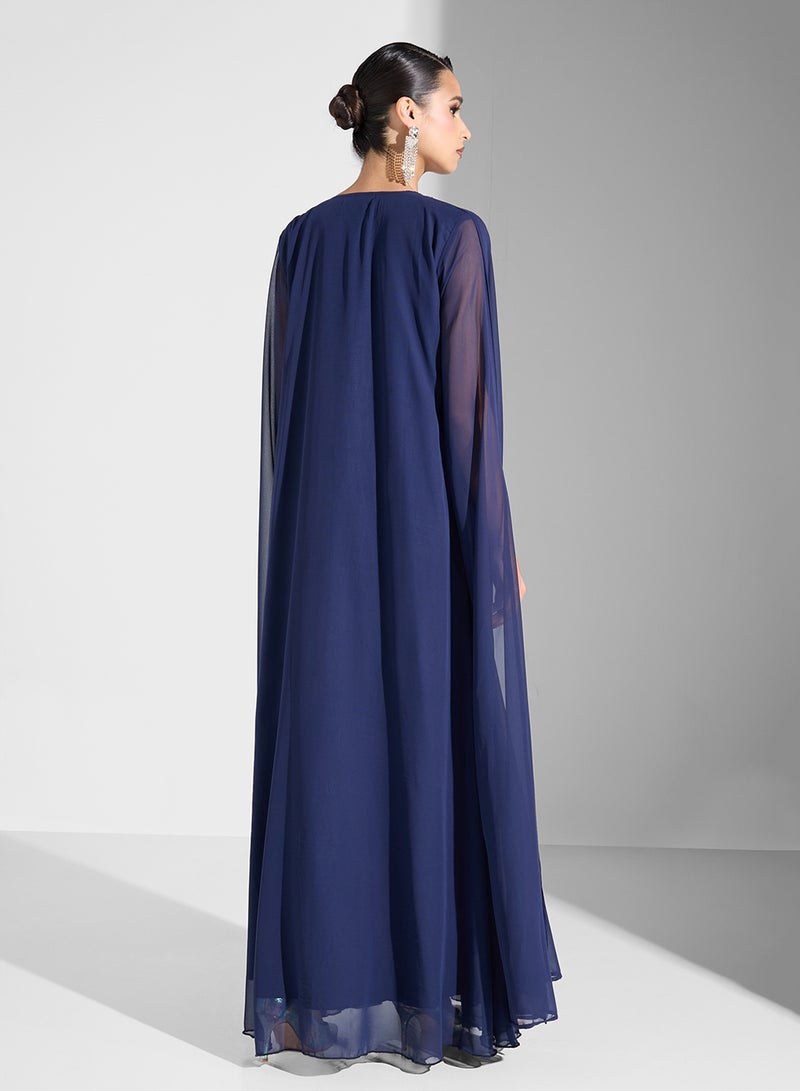 hayas closet V-Neck Embroidered Neck Cape Sleeve Dress - Image 2