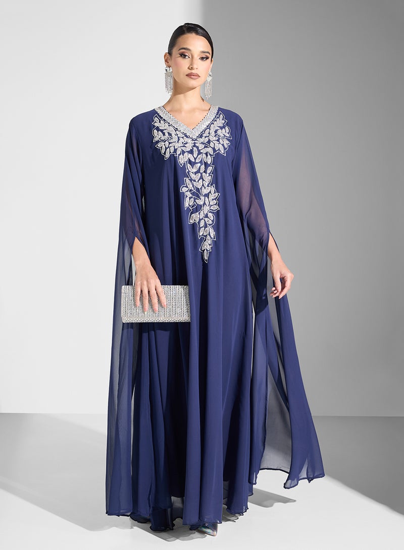 hayas closet V-Neck Embroidered Neck Cape Sleeve Dress - Image 1
