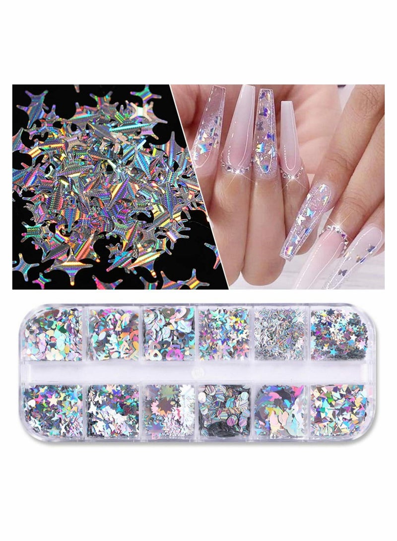 Excefore Nail Art Glitter Sequins, 12 Grids Laser Silver Nail Decals 3D - Image 3