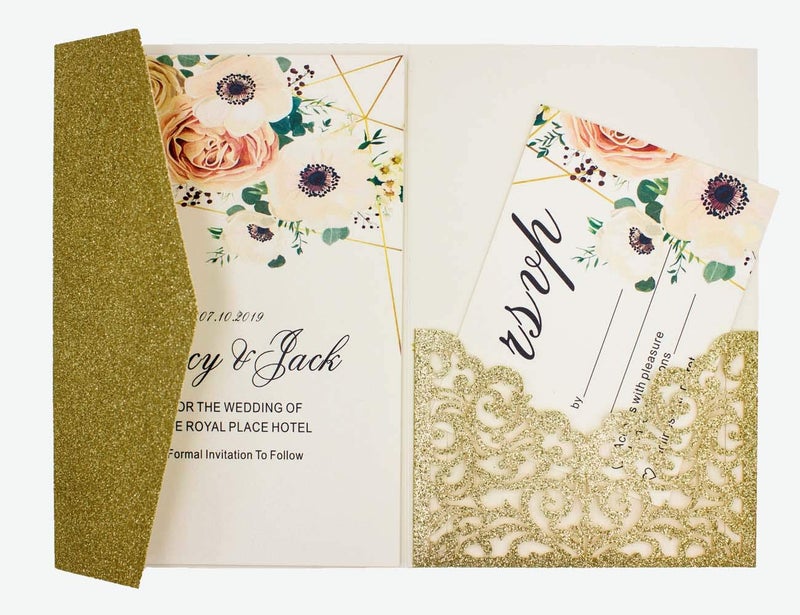 Lucky Star 25pcs 5"x7.28" Light Gold Glitter Vine Tri Fold Pocketfold Wedding Invitations Cards pocket Pearl Paper Laser Cut Hollow Carving Greeting invites Covers, no envelope no insert (light gold G covers) - Image 4