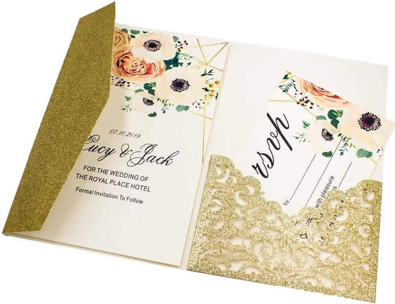 Lucky Star 25pcs 5"x7.28" Light Gold Glitter Vine Tri Fold Pocketfold Wedding Invitations Cards pocket Pearl Paper Laser Cut Hollow Carving Greeting invites Covers, no envelope no insert (light gold G covers) - Image 5
