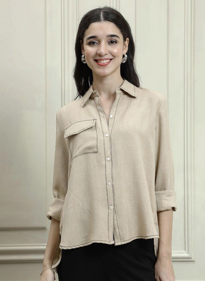 Athena Beige Linen Button-Down Shirt for Women - Image 1
