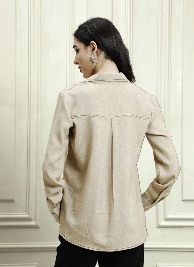 Athena Beige Linen Button-Down Shirt for Women - Image 5