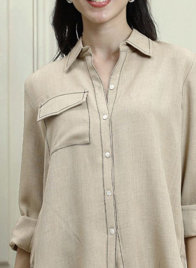 Athena Beige Linen Button-Down Shirt for Women - Image 2