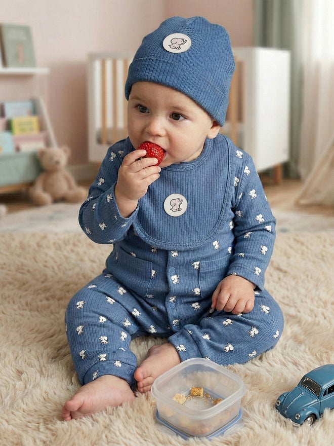 Babies Basic Premium Ribbed Cotton Sleepsuit Romper With Cap And Bib - Image 3