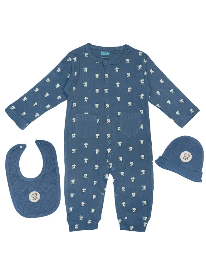بابيز_بيسك Babies Basic Premium Ribbed Cotton Sleepsuit Romper with Cap and Bib