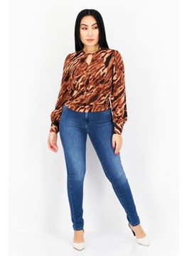 Bar III Women Keyhole Neck Long Sleeves Animal Print Blouse, Brown Combo  - Image 4