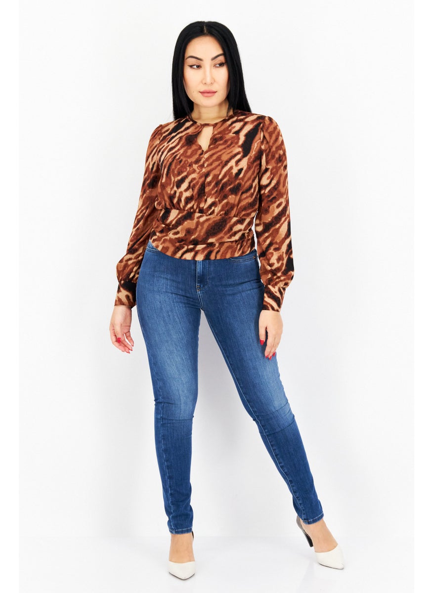 Bar III - Women Keyhole Neck Long Sleeves Animal Print Blouse, Brown Combo - Image 1