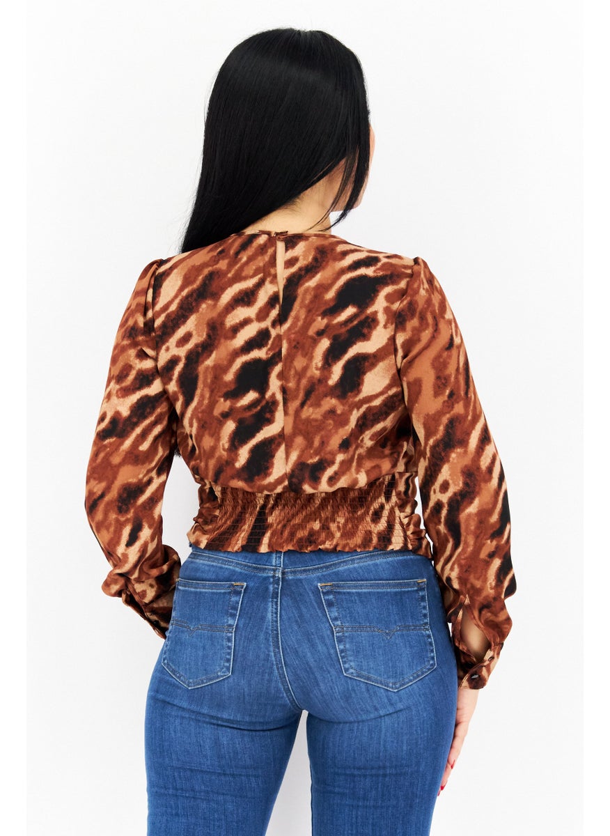 Bar III - Women Keyhole Neck Long Sleeves Animal Print Blouse, Brown Combo - Image 1