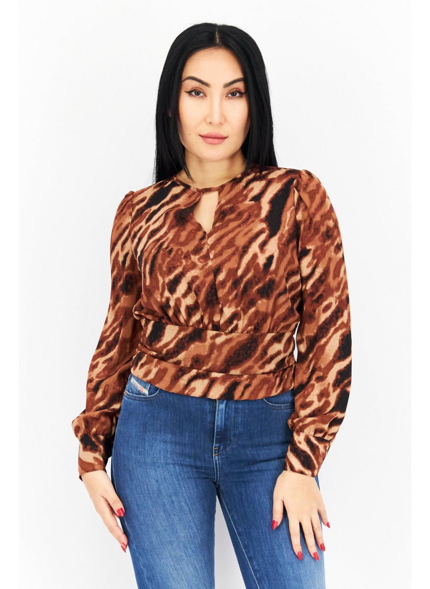 Bar III - Women Keyhole Neck Long Sleeves Animal Print Blouse, Brown Combo - Image 1