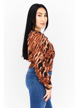 Bar III Women Keyhole Neck Long Sleeves Animal Print Blouse, Brown Combo  - Image 3