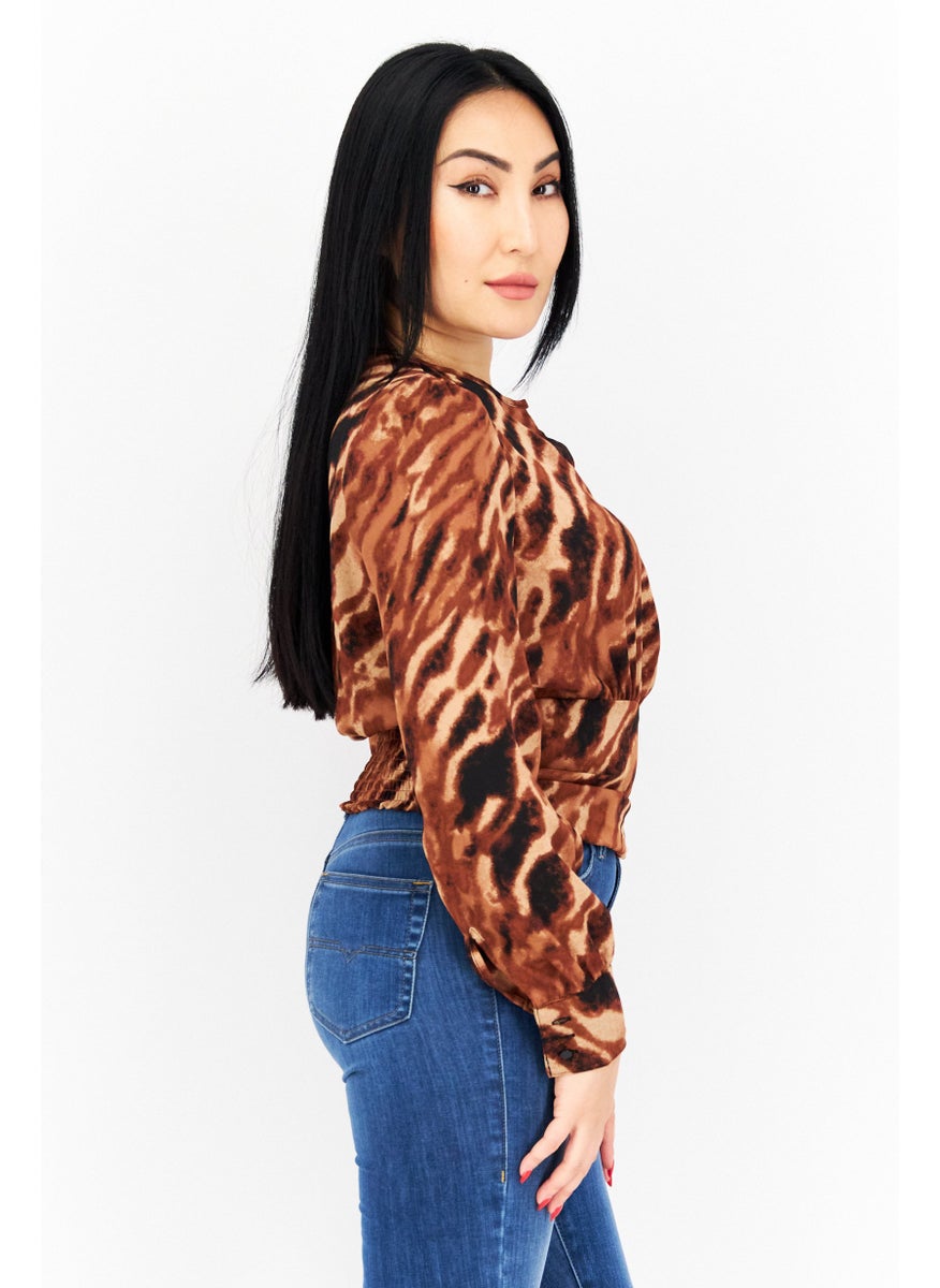 Bar III - Women Keyhole Neck Long Sleeves Animal Print Blouse, Brown Combo - Image 1
