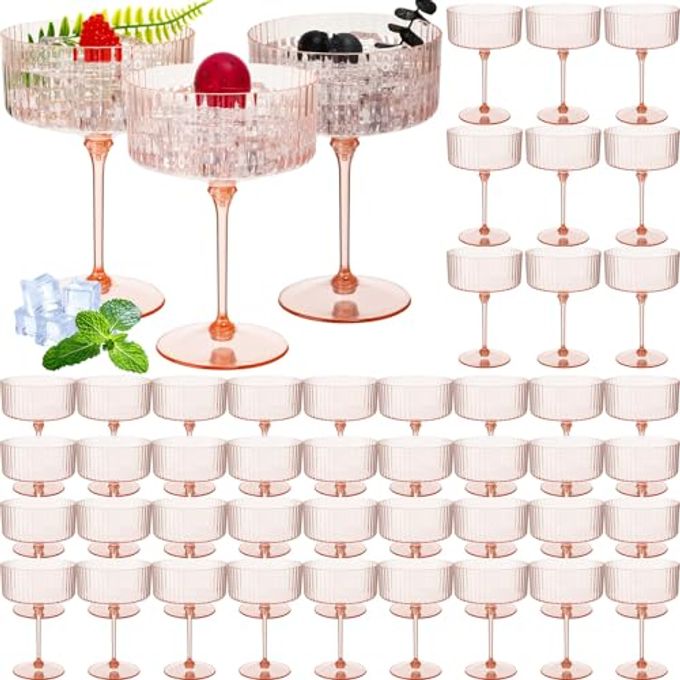 Jingmore 48 Pcs Ribbed Martini Glasses 10 oz Disposable Plastic Vintage Ribbed Coupe Glasses Unbreakable Dessert Parfait Glassware for Wedding Birthday Party Supplies (Champagne Powder)