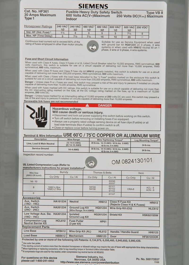 Siemens HF361 30Amp 3 Pole 600volt 3 Wire Fused Heavy Duty Safety Switches - Image 3