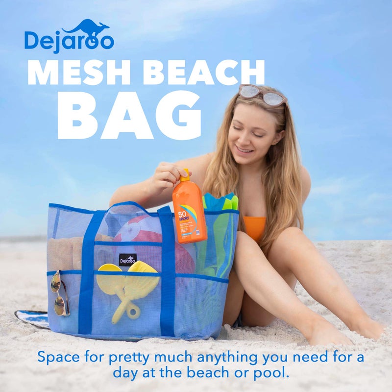 Dejaroo: Mesh Sand Free Bag - Strong Lightweight Tote For Beach & Vacation Essentials. Tons Of Storage With 8 Pockets  Foldable  17X9X15 Inches  Blue With Blue Straps - Image 2