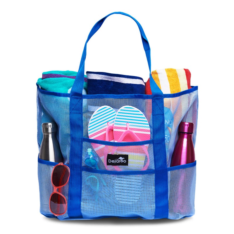 Dejaroo: Mesh Sand Free Bag - Strong Lightweight Tote For Beach & Vacation Essentials. Tons Of Storage With 8 Pockets  Foldable  17X9X15 Inches  Blue With Blue Straps - Image 1