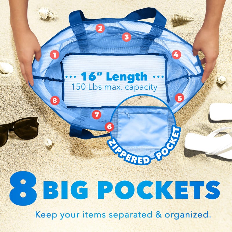 Dejaroo: Mesh Sand Free Bag - Strong Lightweight Tote For Beach & Vacation Essentials. Tons Of Storage With 8 Pockets  Foldable  17X9X15 Inches  Blue With Blue Straps - Image 3