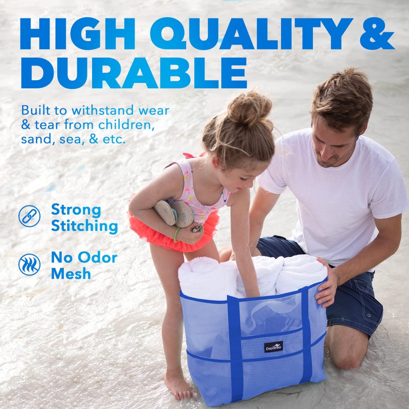Dejaroo: Mesh Sand Free Bag - Strong Lightweight Tote For Beach & Vacation Essentials. Tons Of Storage With 8 Pockets  Foldable  17X9X15 Inches  Blue With Blue Straps - Image 5
