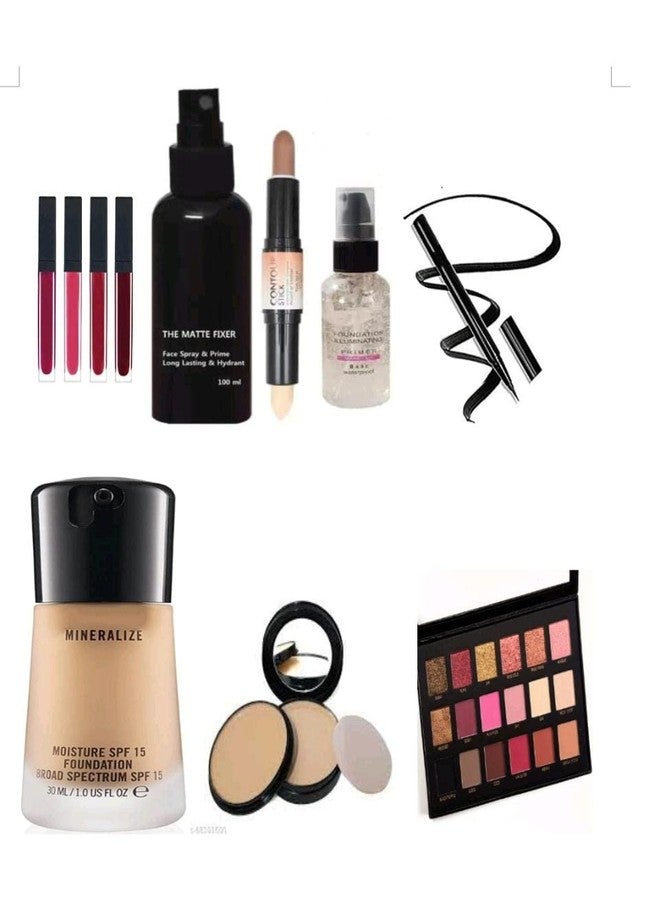 LOVE BITE Makeup Combo Kit EYE SHADOW, 2 IN 1 COMPACT & CONCEALER, RED EDITION LIPISTIC, PRIMER, FOUNDATION, SKETCH EYELINER, CONTOUR STICK WITH MAKEUP FIXER SET Of 8 - Image 1